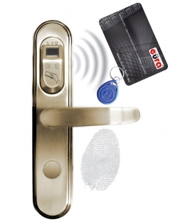 SZYLD ZAMKA ELEKTROMECHANICZNEGO EURA ELH-50B9 brass - z czytnikiem kart zbliżeniowych (RFID) i czytnikiem linii papilarnych, bateryjny, mosiądz